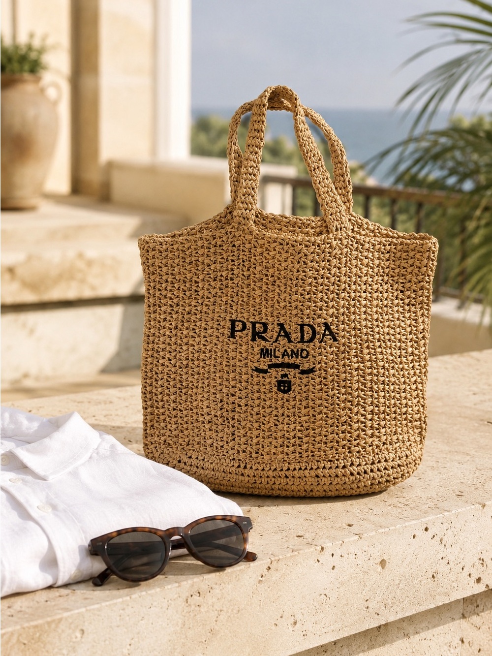 Luxury inspired Straw Tote Bag in Tan with Black Logo - Picture 2 of 3